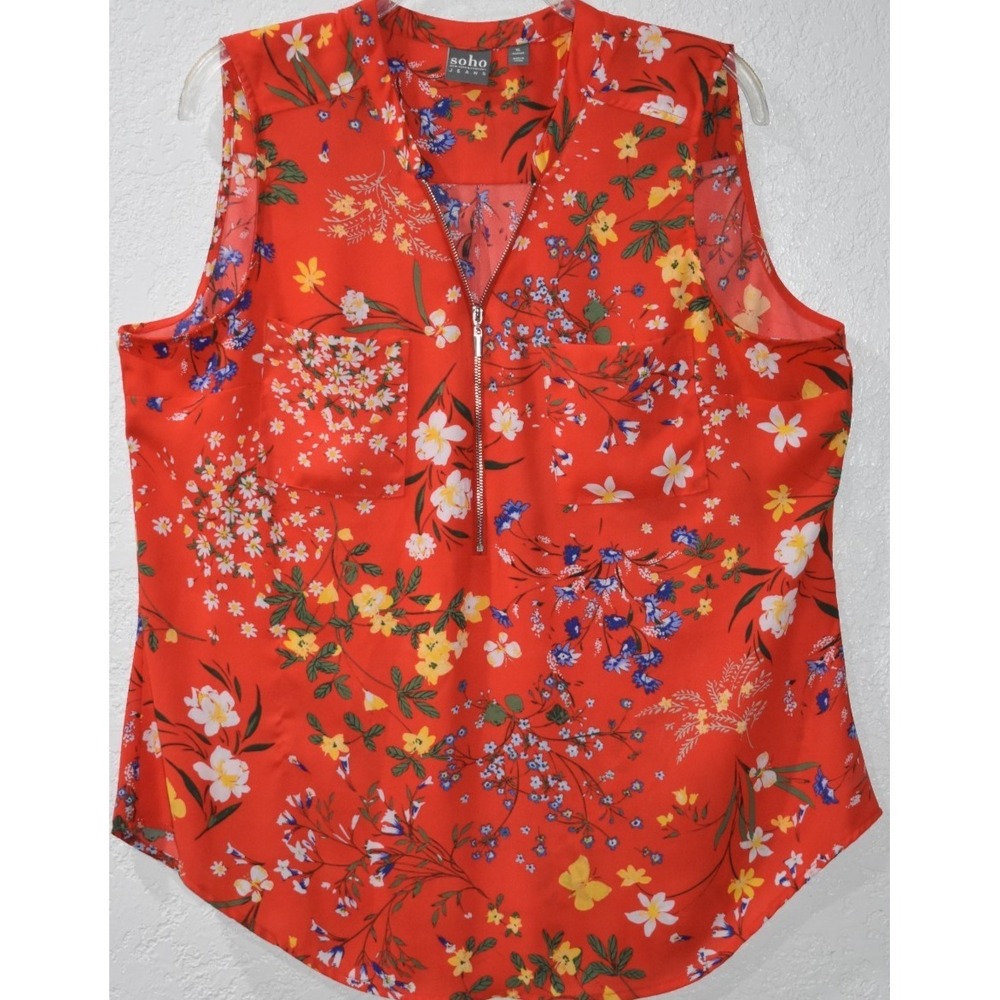 SoHo Jeans XL Floral Print Sleeveless ZIP Blouse RED Floral Pockets Lightweight